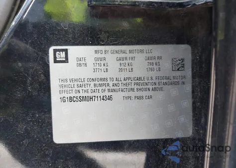 2017 Chevrolet Cruze Ls Auto из США, поврежденный, VIN 1G1BC5SM0H7114346